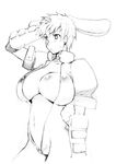  animal_ears bodysuit breasts bunny_ears cleavage getsumento_heiki_miina gloves greyscale huge_breasts monochrome no_bra ootsuki_mina seura_isago short_hair sketch solo unzipped very_short_hair 