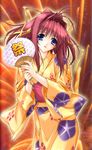  3ldk blue_eyes fan hair_ribbon highres japanese_clothes kimizuka_aoi kimono paper_fan pink_hair ponytail ribbon senoo_chihogi solo uchiwa yellow_kimono yukata 