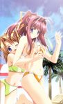  3ldk beach bikini blonde_hair blue_eyes blush breast_grab breasts grabbing groping hair_ribbon highres hina_(3ldk) kimizuka_aoi long_hair medium_breasts midriff multiple_girls one_eye_closed pink_hair ribbon senoo_chihogi short_hair sideboob swimsuit umbrella yuri 