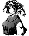 blush closed_mouth coin greyscale hair_bobbles hair_ornament jewelry looking_at_viewer monochrome onozuka_komachi pendant solo touhou two_side_up upper_body yuuki_eishi 