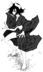  barefoot demon_girl feet greyscale horns japanese_clothes kimono monochrome original satou_atsuki solo 