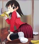  azumanga_daiou banana black_hair brown_eyes chair desk food fruit one_eye_closed ryou school_uniform shoes solo takino_tomo 