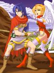  1girl angel_wings armor blonde_hair blue_hair boots breath_of_fire breath_of_fire_i downscaled gloves green_eyes kean_(locke20) knee_boots leotard md5_mismatch nina_(breath_of_fire_i) red_leotard resized ryuu_(breath_of_fire_i) short_hair sword weapon white_wings wings 