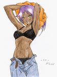  2005 armpits belt bleach bra colored_pencil_(medium) dark_skin dated denim jeans lingerie open_fly panties pants ponytail purple_hair shihouin_yoruichi shujie signature smile solo standing traditional_media underwear undressing unzipped 