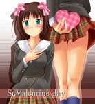 amami_haruka box brown_hair commentary_request gift green_eyes heart-shaped_box holding holding_gift idolmaster idolmaster_(classic) idolmaster_1 kneepits legs miniskirt nishi_(count2.4) plaid plaid_skirt school_uniform school_wear_(idolmaster) skirt solo valentine 