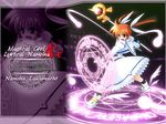  artist_request bow bowtie dress fighting_stance full_body gem highres holding long_hair long_sleeves lyrical_nanoha magic_circle mahou_shoujo_lyrical_nanoha mahou_shoujo_lyrical_nanoha_a's orange_hair outstretched_arm raising_heart red_bow red_neckwear rod solo sphere staff standing takamachi_nanoha twintails uniform wallpaper white_dress 
