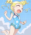  artist_request barefoot blonde_hair bracelet casual_one-piece_swimsuit closed_eyes drill_hair earrings frilled_swimsuit frills goutokuji_miyako happy jewelry jumping light_rays lowres oekaki one-piece_swimsuit open_mouth powerpuff_girls_z rolling_bubbles solo sunbeam sunlight swimsuit twintails 
