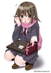  blazer brown_eyes brown_hair gift hair_ornament hairclip holding holding_gift incoming_gift jacket mattaku_mousuke original pink_scarf scarf school_uniform simple_background solo squatting valentine watermark web_address white_background 