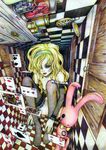  alice_(wonderland) alice_in_wonderland artist_request blonde_hair breasts card fishnet_legwear fishnets floating_card green_eyes hairband lace lace-trimmed_thighhighs nude pocket_watch small_breasts solo stuffed_animal stuffed_bunny stuffed_toy thighhighs watch 