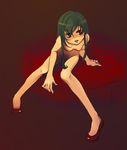  black_hair breasts full_body leaning_forward long_hair looking_at_viewer nude original red_background red_eyes red_footwear shaded_face shoes simple_background small_breasts solo torazou 