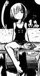  amputee bad_source barefoot big-d bikko cat greyscale high_contrast longcat monochrome multicolored_hair one-eyed original short_hair sitting solo tank_top two-tone_hair 