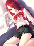  bow hair_over_one_eye kirijou_mitsuru long_hair persona persona_3 red_eyes red_hair sitting skirt smile solo uni 