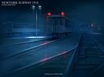  blue english ground_vehicle lamppost new_york night no_humans original railroad_tracks scenery seo_tatsuya snow spot_color streetcar subway train watermark 