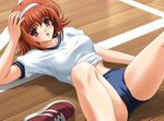  :p bangs blush buruma cameltoe collarbone dutch_angle from_above game_cg gimai_-_hitomi hairband hand_on_head indoors lying midriff mikio naughty_face on_back on_floor orange_hair purple_eyes school_uniform shadow shirt_lift shoes short_hair sneakers solo spread_legs tongue tongue_out yanamoto_yuki 