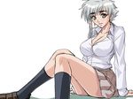  asymmetrical_hair bleach breasts cleavage kagami_hirotaka kotetsu_isane large_breasts school_uniform short_hair short_hair_with_long_locks silver_hair sitting solo 