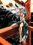 alf874 barefoot breasts cleavage cloud ex-keine feet highres horn_ribbon horns kamishirasawa_keine large_breasts long_hair moon nipples orange_eyes ribbon sitting solo tail torn_clothes touhou water white_hair 