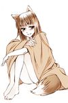  animal_ears barefoot blush feet full_body hands holo inue_shinsuke long_hair monochrome nude orange_(color) simple_background sitting smile solo spice_and_wolf tail white_background wolf_ears 
