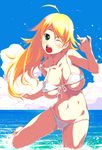  ahoge bikini blonde_hair blush breasts chinchickrin cloud day front-tie_top hoshii_miki idolmaster idolmaster_(classic) idolmaster_1 large_breasts long_hair one_eye_closed sky solo splashing swimsuit water wet 