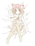  animal_ears bare_shoulders bed_sheet between_legs camisole cat_ears cat_tail feet garters kubyou_azami legs_up looking_at_viewer lying monochrome on_back original sheet_grab short_hair solo tail tail_between_legs thighhighs 