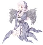  black_wings dress full_body gothic_lolita hairband lolita_fashion long_hair long_sleeves looking_up nyoi pale_skin red_eyes rozen_maiden seiza silver_hair simple_background sitting solo suigintou white_background wings 