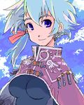  blue_eyes blue_hair blue_sky blush breasts cape cloud day hair_ribbon impossible_clothes kusanagi_tonbo looking_at_viewer lowres medium_breasts oekaki original ribbon short_hair side_ponytail skin_tight sky solo upper_body 