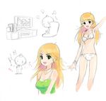  bikini blonde_hair green_eyes green_shirt hoshii_miki idolmaster idolmaster_(classic) idolmaster_1 long_hair madara_sai multiple_views shirt sketch swimsuit 