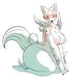  2019 amaterasu anthro breasts canid canine canis capcom danonymous deity digital_media_(artwork) eyes_closed female fur mammal nipples nude simple_background solo thick_thighs video_games white_fur wide_hips wolf ōkami 