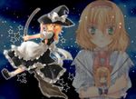  alice_margatroid apron blonde_hair blush broom broom_riding capelet hairband hand_on_headwear hand_up hat holding kirisame_marisa kokono_coco looking_at_viewer multiple_girls night shanghai_doll short_hair smile star touhou transparent witch_hat 