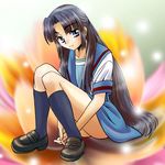  asakura_ryouko blue_sailor_collar blue_skirt half_updo kita_high_school_uniform kneehighs lowres sailor_collar school_uniform sentape serafuku skirt socks solo suzumiya_haruhi_no_yuuutsu 