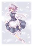  2006 ankle_boots apron bloomers boots brooch dress full_body hat high_heel_boots high_heels jewelry juliet_sleeves kokono_coco lavender_eyes lavender_hair letty_whiterock long_sleeves puffy_sleeves purple_hair scarf short_hair simple_background smile snowflakes snowing solo touhou underwear waist_apron white_bloomers white_footwear white_hat 