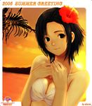  2006 bikini_top black_eyes black_hair breast_squeeze breast_suppress breasts cleavage copyright_request english flower hair_flower hair_ornament halterneck hands_on_own_chest hibiscus medium_breasts shochuumimai short_hair smile solo suke_akurou sun sunset swimsuit water 