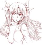  bangs breasts eyebrows eyebrows_visible_through_hair fate/stay_night fate_(series) hair_ribbon hanzaki_jirou large_breasts long_hair long_sleeves looking_at_viewer monochrome parted_bangs red ribbon simple_background sketch solo toosaka_rin twintails upper_body white_background 