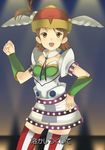  :d brown_eyes brown_hair clenched_hand cosmic_&amp;_funny_(idolmaster) cowboy_shot futami_ami hair_bobbles hair_ornament hand_on_hip hat helmet idolmaster idolmaster_(classic) idolmaster_1 mizuki_makoto neck_ribbon one_side_up open_mouth raised_fist ribbon skirt smile solo thighhighs winged_helmet 