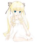  blonde_hair blue_eyes doll_joints drill_hair hair_ribbon lingerie long_hair looking_at_viewer nyoi ribbon rozen_maiden shinku simple_background solo twintails underwear white_background 