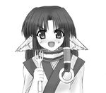  :d animal_ears dog_ears eruruw fork greyscale kezu layered_sleeves monochrome open_mouth smile solo utawareru_mono utawareru_mono_radio v-shaped_eyebrows 