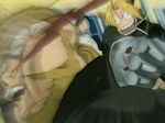  2boys beard blonde_hair blood edward_elric facial_hair fullmetal_alchemist glasses maria_ross multiple_boys prosthesis punching screencap van_hohenheim 