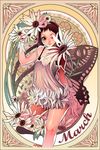  art_nouveau bare_shoulders blue_eyes braid brown_hair butterfly_wings chkuyomi copyright_request dress flower happy long_hair one_eye_closed see-through smile solo twin_braids very_long_hair wings 