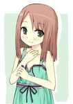  brown_hair collarbone dress eyebrows eyebrows_visible_through_hair green_background green_eyes hand_on_own_chest ikura_hato looking_at_viewer original short_hair simple_background sleeveless sleeveless_dress smile solo sundress 