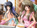  apron artist_request ass breasts brown_eyes cooking green_eyes indoors kanon kawasumi_mai kitchen kurata_sayuri large_breasts long_hair microwave multiple_girls naked_apron no_panties open_mouth oven_mitts source_request 