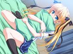  bed blonde_hair blue_eyes blush celes_alford dutch_angle game_cg long_hair looking_at_viewer natsumegu pillow pillow_hug ribbon school_uniform shy sitting skirt socks solo tsukasa_yuuki twintails wariza 