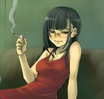  black_hair cigarette dress glasses naughty_face original red_dress smoking solo torazou 