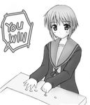  bangs greyscale kezu kita_high_school_uniform monochrome nagato_yuki school_uniform serafuku short_hair solo suzumiya_haruhi_no_yuuutsu video_game 