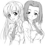  ashford_academy_uniform blush breasts code_geass eyebrows eyebrows_visible_through_hair face greyscale kallen_stadtfeld long_hair long_sleeves looking_at_viewer medium_breasts monochrome multiple_girls necktie shirley_fenette shirt short_hair simple_background sketch upper_body white_background yamaguchi_homupe 