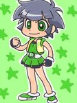  androgynous artist_request bare_shoulders belt black_gloves buckle closed_mouth dress fingerless_gloves full_body gloves green_background green_dress green_eyes looking_at_viewer lowres matsubara_kaoru powered_buttercup powerpuff_girls_z shoes short_hair simple_background sleeveless sleeveless_dress smirk solo spiked_hair standing vest 