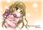  akino_ochiba border breath brown_eyes brown_hair coat crossed_arms hair_ornament hairclip head_tilt long_sleeves looking_at_viewer original plaid plaid_scarf scarf simple_background solo visible_air yellow_background 