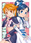  bike_shorts blue_eyes blue_hair bow cure_black cure_white dress earrings fingerless_gloves futari_wa_precure gloves ha-ru hair_bow half_updo heart jewelry long_hair magical_girl midriff misumi_nagisa multiple_girls navel orange_eyes orange_hair pointing precure ribbon short_hair skirt smile yukishiro_honoka 