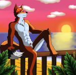  2019 anthro balls beach canid canine canis cloud day digital_media_(artwork) fluffy fox fur guffs hair hybrid male mammal muscular nude outside penis plant sea seaside sky smile solo sun sunset water white_fur wolf 