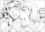  3boys archer blush emiya_shirou face fate/stay_night fate_(series) fujimura_taiga greyscale hisakawa_chin kiss lancer monochrome multiple_boys multiple_girls oekaki toosaka_rin 