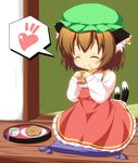  ^_^ animal_ears blush brown_hair cat_ears cat_tail chen closed_eyes cushion earrings eating food food_on_face green_tea happy hat heart jewelry multiple_tails paw_print pila-pela short_hair smile solo spoken_heart tail taiyaki tea touhou wagashi zabuton 