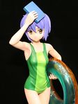  arm_up armpits black_background book brown_eyes casual_one-piece_swimsuit figure green_swimsuit innertube looking_at_viewer nagato_yuki one-piece_swimsuit photo purple_hair short_hair simple_background solo suzumiya_haruhi_no_yuuutsu swimsuit wonder_festival wonder_festival_2007 